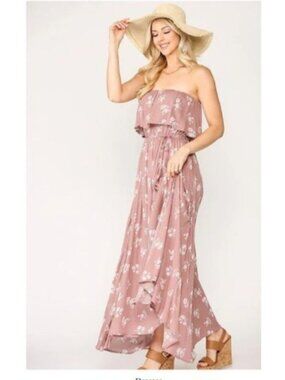 GiGi USA Womens strapless Floral Maxi Dress crinkle rose size Large Rayon
